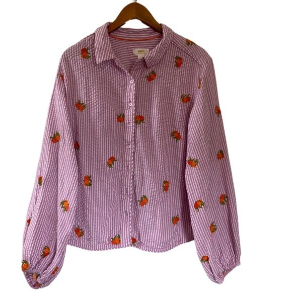 Anthropologie Maeve Embroidered Orange Pink Striped Button Down Shirt Women’s XL - Picture 3 of 16